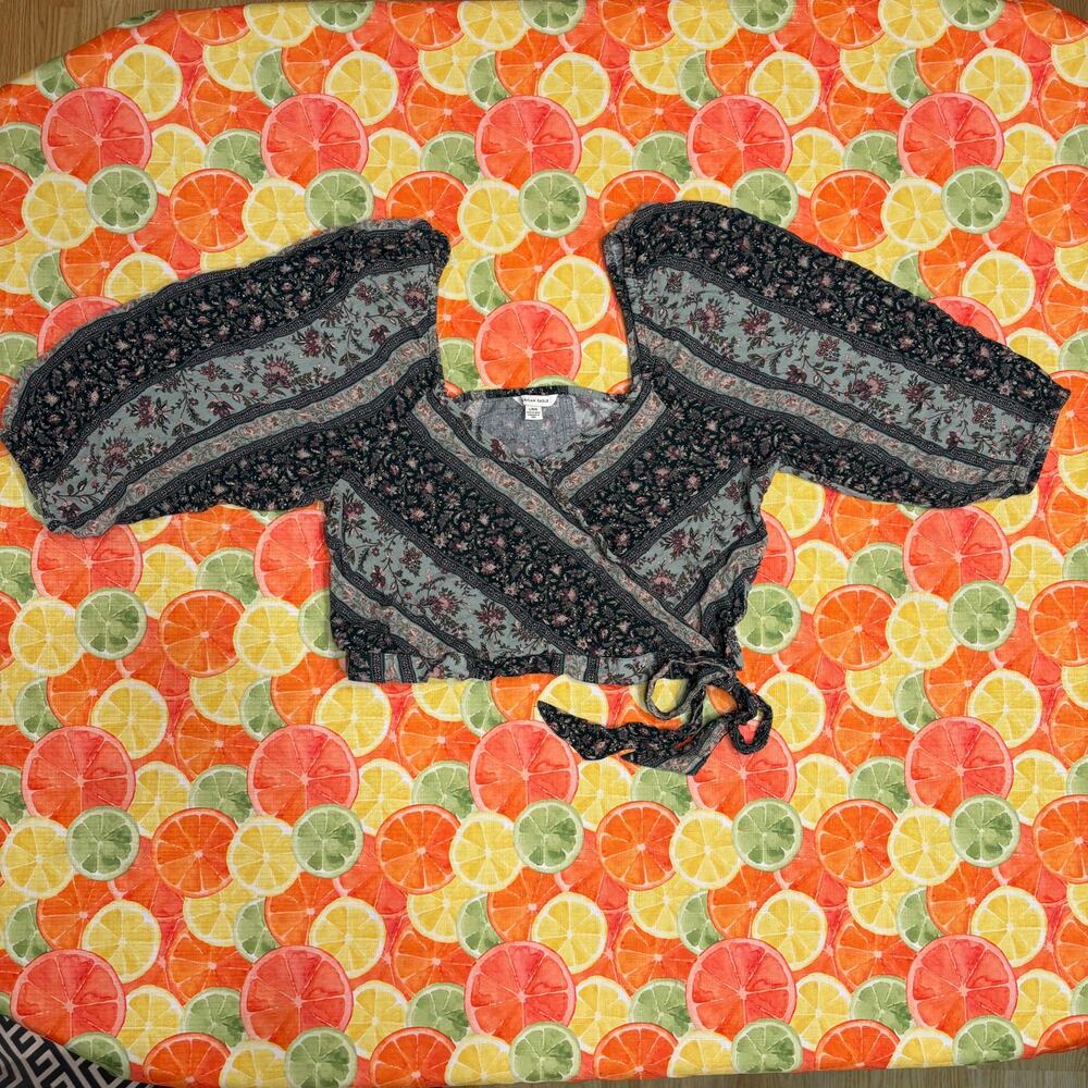American Eagle Floral Stripe Puff Sleeve Crop Top L